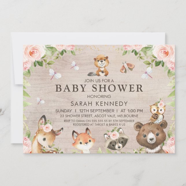 Rustic Floral Woodland Girls Baby Shower Invitation (Front)
