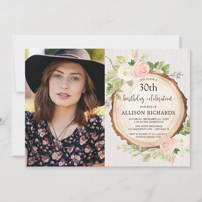 Rustic floral woodland women birthday photo invitation (Front)
