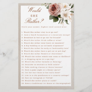 Rustic Floral Would She Rather Bridal Shower Game