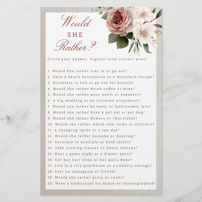 Rustic Floral Would She Rather Bridal Shower Game (Front)