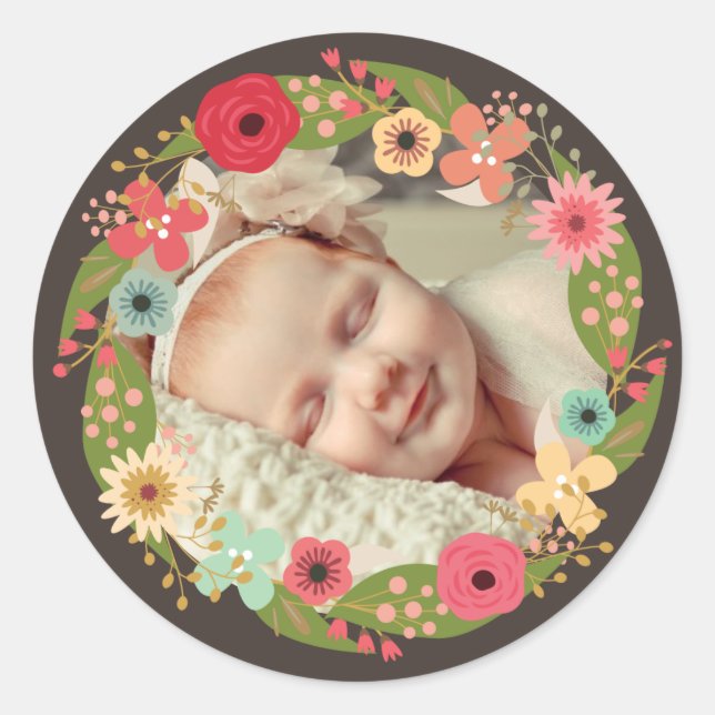Rustic Floral Wreath Baby Girl Photo Stickers (Front)
