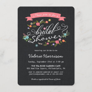 Rustic Floral Wreath Black Burlap Bridal Shower Invitation