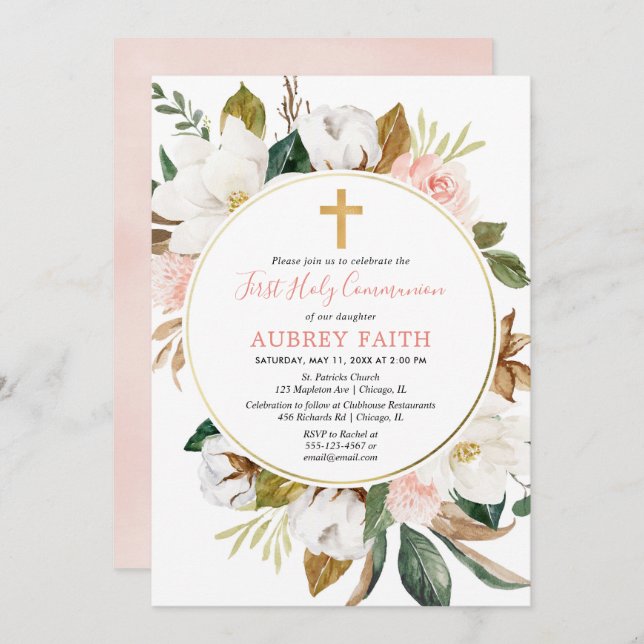 Rustic floral wreath blush pink first communion invitation (Front/Back)