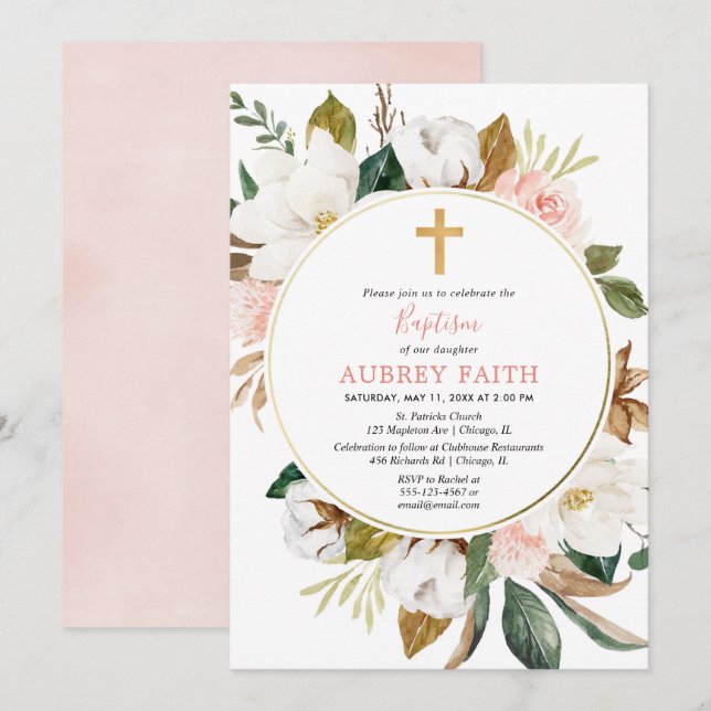Rustic floral wreath blush pink white girl baptism invitation (Front/Back)