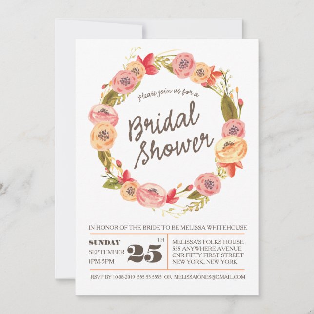 Rustic Floral Wreath Bridal Shower Invite (Front)