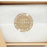 Rustic Floral Wreath Faux Kraft Wedding Thank You Classic Round Sticker<br><div class="desc">This wedding thank you sticker features a rustic floral botanical white wreath on a brown faux kraft paper background.</div>