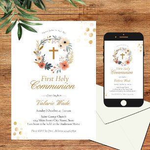 Rustic Floral Wreath First Communion Invitations