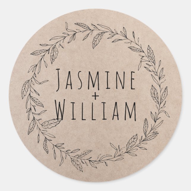 Rustic Floral Wreath Kraft Paper Personalised Classic Round Sticker (Front)