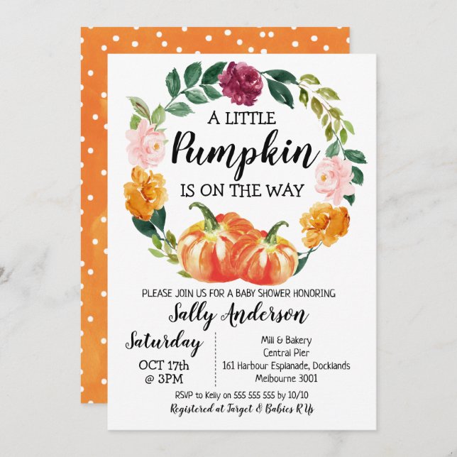 Rustic Floral Wreath Little Pumpkin Baby Shower Invitation (Front/Back)
