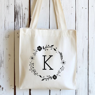 Rustic Floral Wreath Monogram Tote Bag
