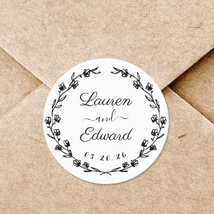 Rustic Floral Wreath Monogram Wedding Classic Round Sticker