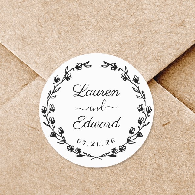 Rustic Floral Wreath Monogram Wedding Classic Round Sticker (Creator Uploaded)