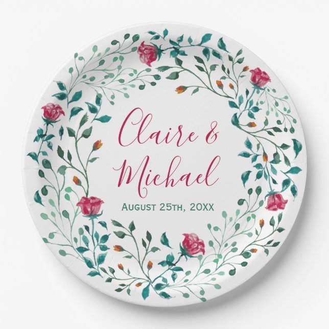 Rustic Floral Wreath | Personalised Wedding Paper Plate (Front)