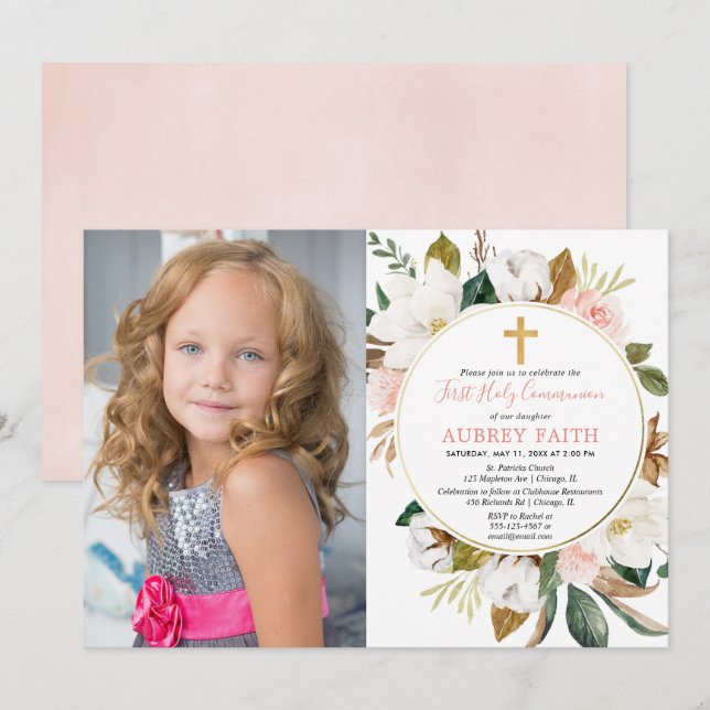 Rustic floral wreath pink first communion photo invitation (Front/Back)