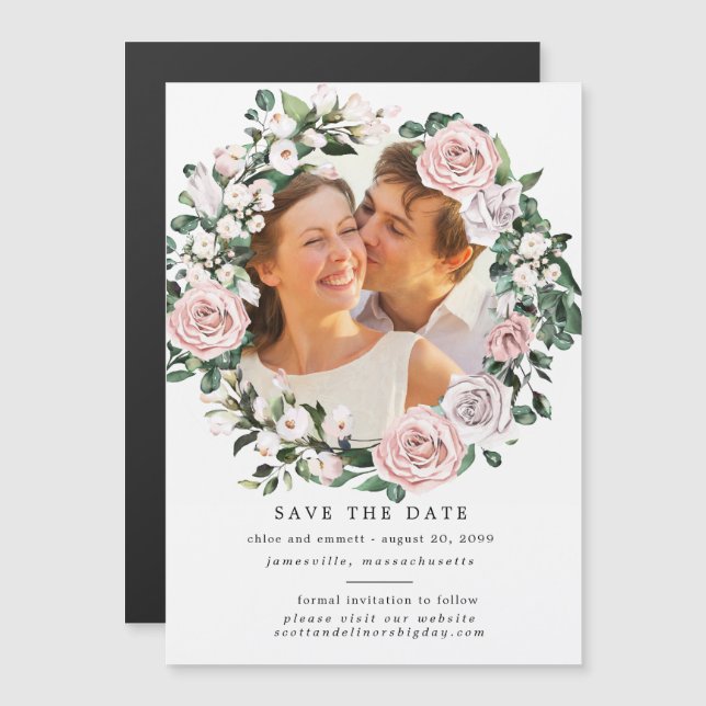Rustic Floral Wreath Save the Date Magnetic Card (Front/Back)