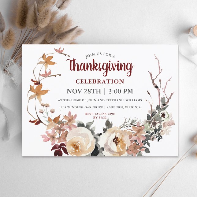 Rustic Floral Wreath Thanksgiving Celebration Invitation (Available in both printed and instant download formats for your convenience.

)