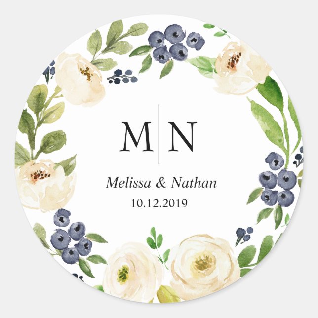 Rustic Floral Wreath Wedding Monogram Stickers (Front)