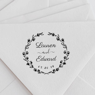 Rustic Floral Wreath Wedding Name Rubber Stamp