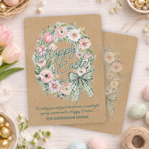Rustic Floral Wreath White Sage Green Plaid Bow Holiday Card
