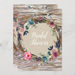 Rustic Floral Wreath Wood Grain Bridal Shower Invitation