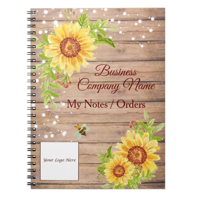 Rustic Floral Yellow Sunflower Business Notebook (Front)