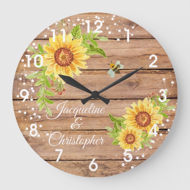 Rustic Floral Yellow Sunflower Large Clock (Front)