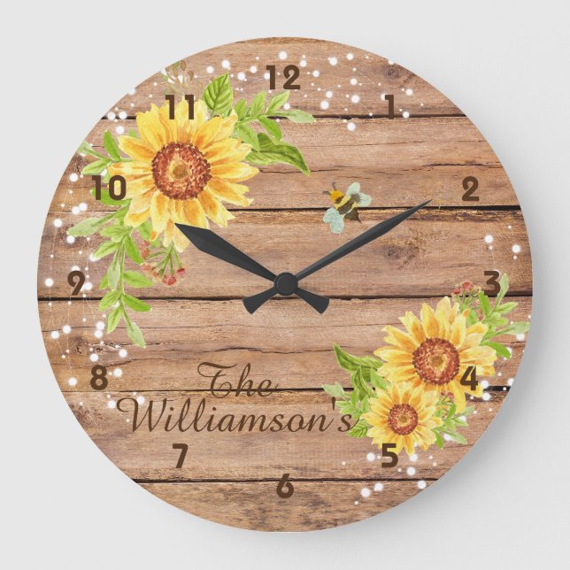Rustic Floral Yellow Sunflower Personalised Large Clock (Front)