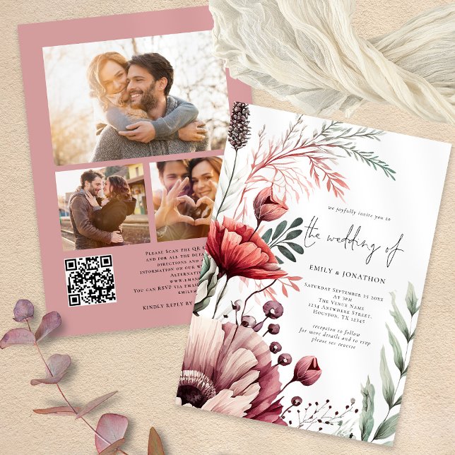 Rustic Florals 3 Photos QR Code Burgundy Wedding Invitation (Creator Uploaded)