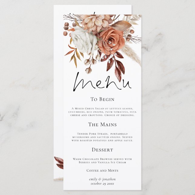 Rustic Florals Fall Wedding Thank You Menu (Front/Back)