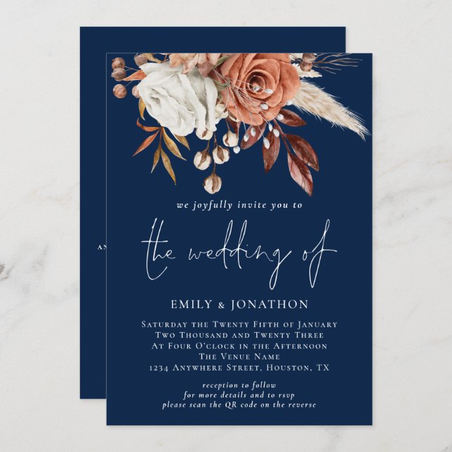Rustic Florals QR Code Navy Blue Wedding Invitation (Front/Back)