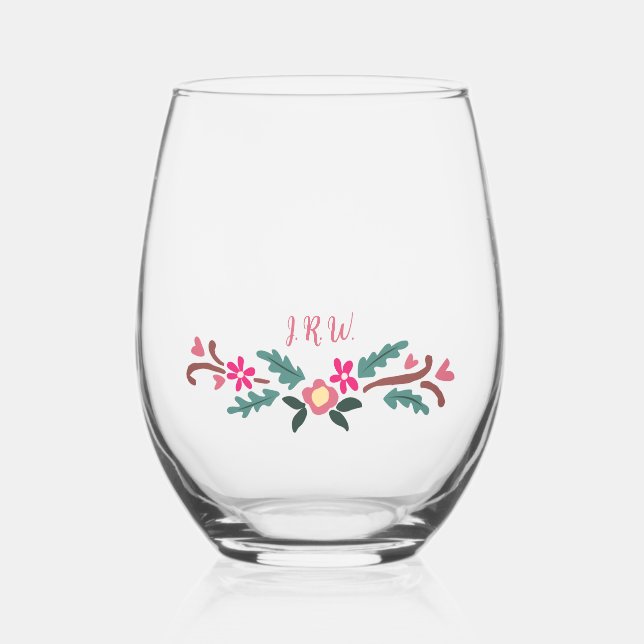 Rustic Florals with Initials Stemless Wine Glass (Front)