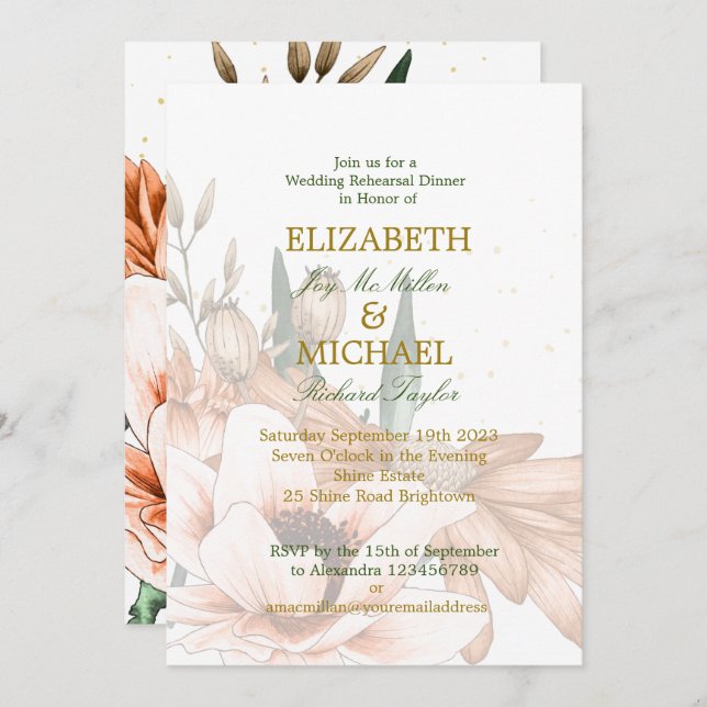Rustic FloralTerracotta Elegant Wedding Rehearsal  Invitation (Front/Back)