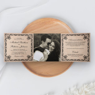 Rustic Flourish Ornate Border Burlap Photo Wedding Tri-Fold Invitation