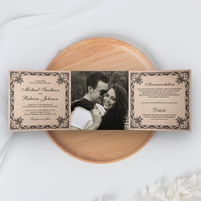 Rustic Flourish Ornate Border Burlap Photo Wedding Tri-Fold Invitation (Creator Uploaded)