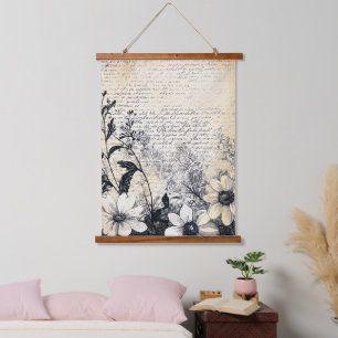 Rustic Flower and Calligraphy - Aged Brown Paper 1 Hanging Tapestry