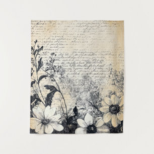 Rustic Flower and Calligraphy - Aged Brown Paper 1 Tapestry