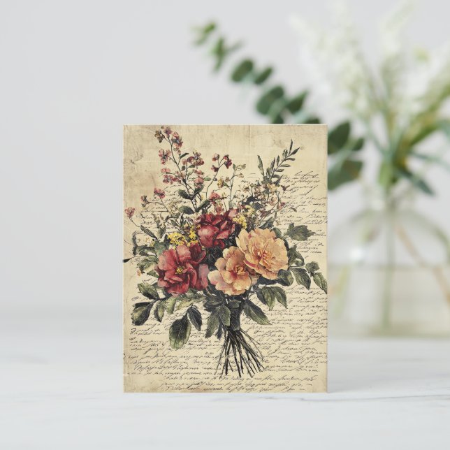 Rustic Flower and Calligraphy - Aged Brown Paper 2 Postcard (Standing Front)