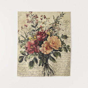 Rustic Flower and Calligraphy - Aged Brown Paper 2 Tapestry