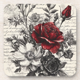 Rustic Flower and Calligraphy - Aged Brown Paper 3 Coaster