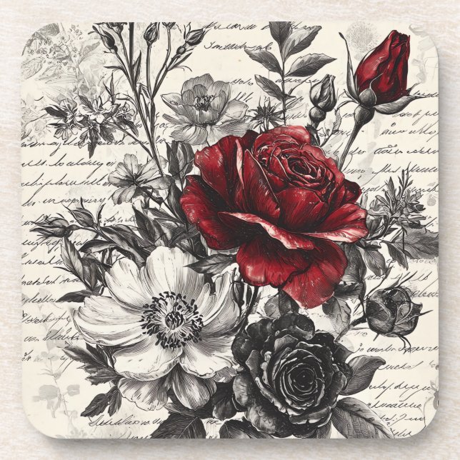Rustic Flower and Calligraphy - Aged Brown Paper 3 Coaster (Front)