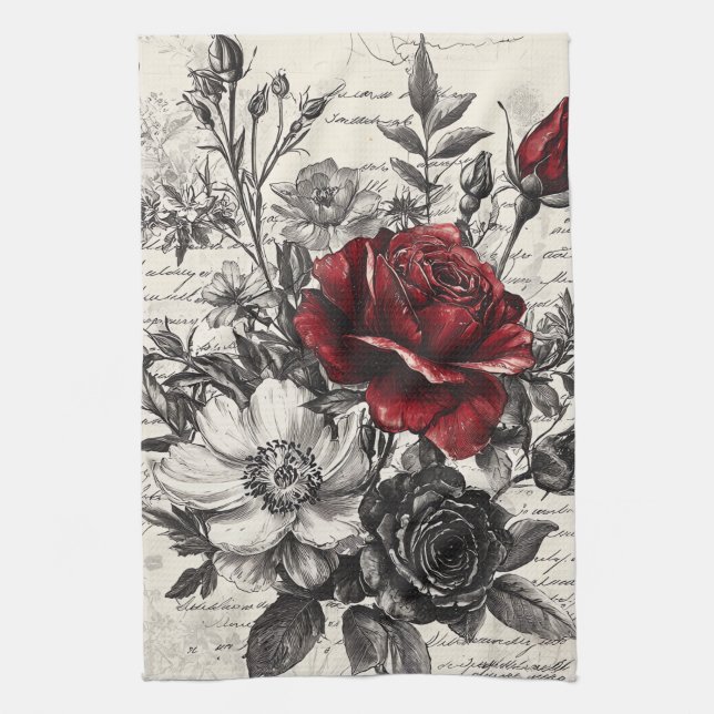 Rustic Flower and Calligraphy - Aged Brown Paper 3 Tea Towel (Vertical)
