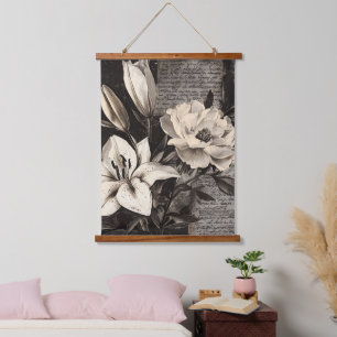 Rustic Flower and Calligraphy - Aged Brown Paper 4 Hanging Tapestry