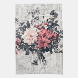 Rustic Flower and Calligraphy - Aged Brown Paper 5 Tea Towel