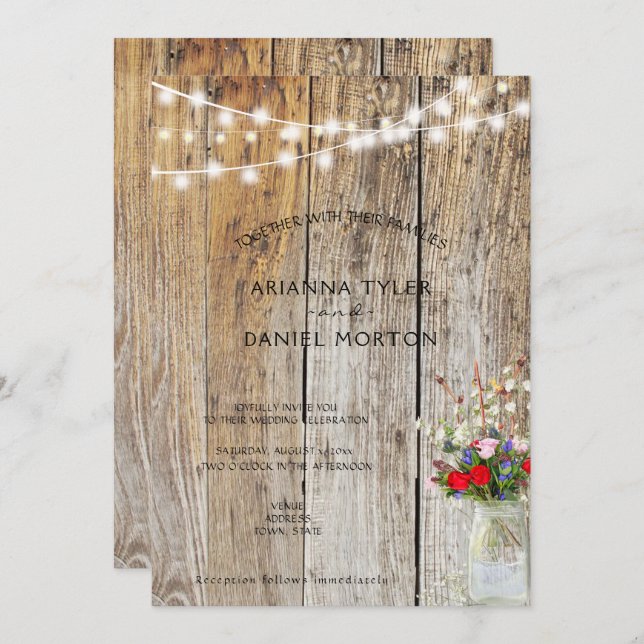 Rustic Flower Bouquet Mason Jar String Lights  Invitation (Front/Back)