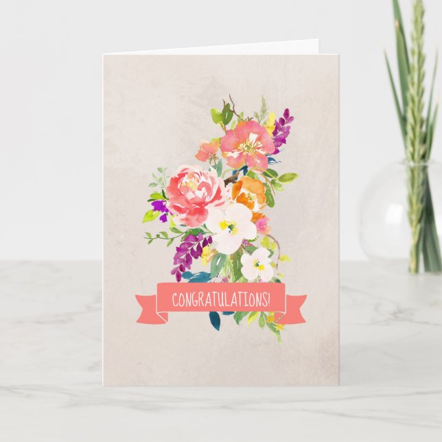 Rustic Flower Bouquet Wedding Congratulations Card (Front)