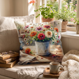 Rustic Flower Bucket Still Life Cushion