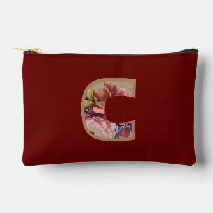 Rustic Flower Initial C Burgundy Accessory Pouch