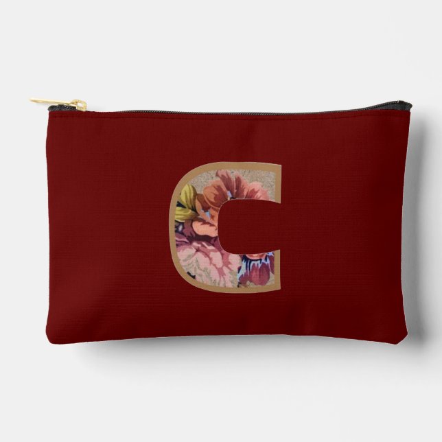 Rustic Flower Initial C Burgundy Accessory Pouch (Front)