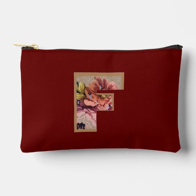 Rustic Flower Initial F Burgundy Accessory Pouch (Front)