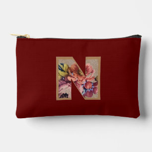 Rustic Flower Initial N Burgundy Accessory Pouch